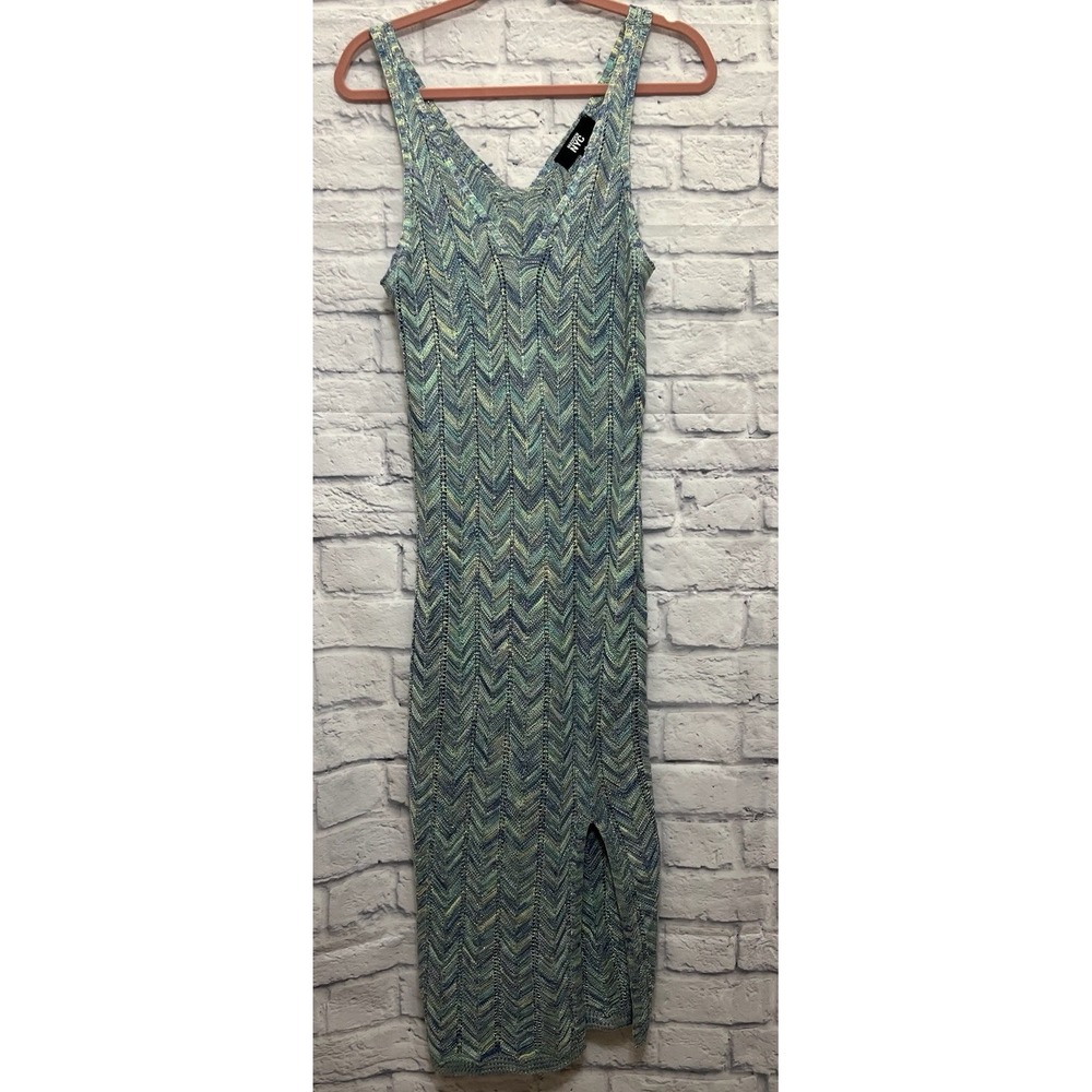 Madden NYC Knit Tank Dress Blue Chevron Summer Dress Medium Beach Boho Coastal